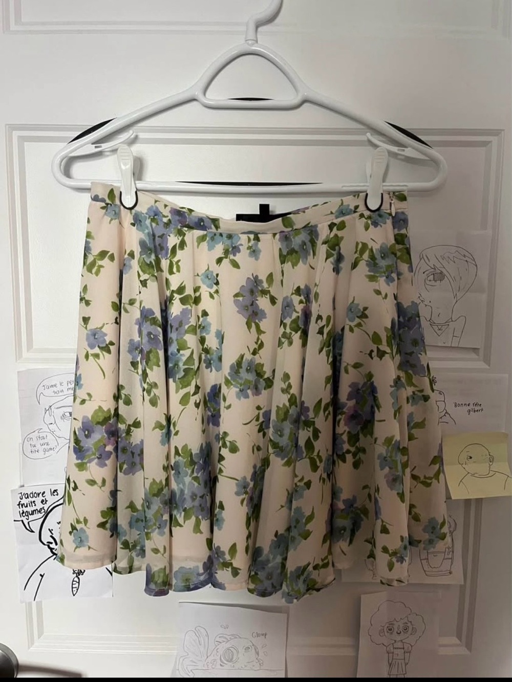 Dynamite Cream Skater Skirt with Blue Floral Print